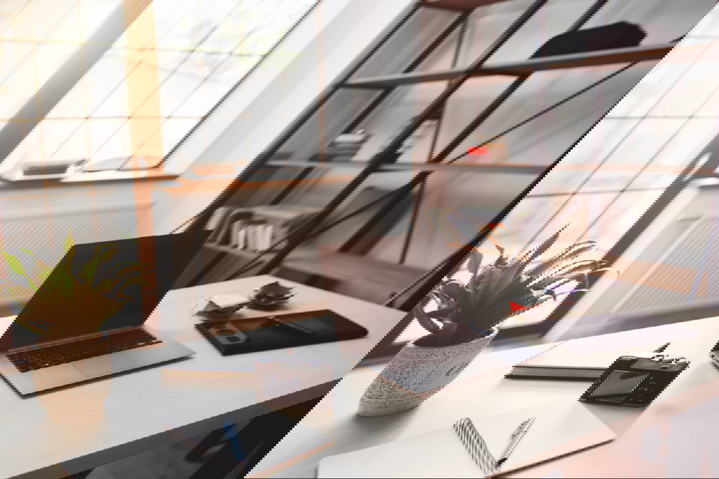 A modern 2023 home office boasts a wooden desk with a laptop, notebook, pen, camera, and tablet. A potted plant adds life on the desk. Shelves filled with books and decor serve as the backdrop, while expansive windows invite in natural light.