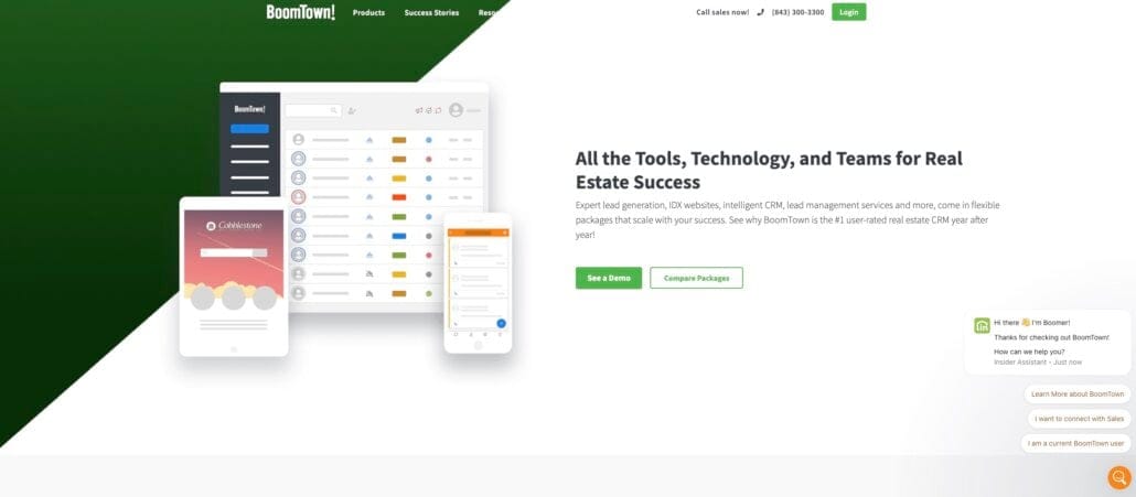 Screenshot of the BoomTown! homepage displaying Best Real Estate CRM software features on desktop, tablet, and phone, with text promoting tools and technology for real estate success and buttons for demo and package comparison.