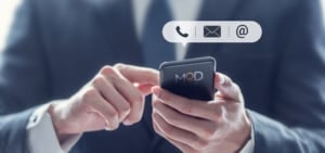 a business owner working on a smartphone with virtual icons phone message and email