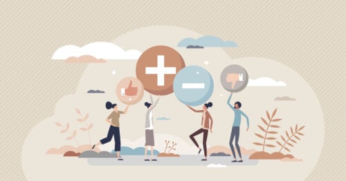 Four illustrated people, showcasing large symbols: thumbs up, plus, minus, and thumbs down—representing positive and negative feedback. They stand amidst stylized clouds and plants on a pastel-striped background, embodying the diverse spectrum of Fancy Hands alternatives.