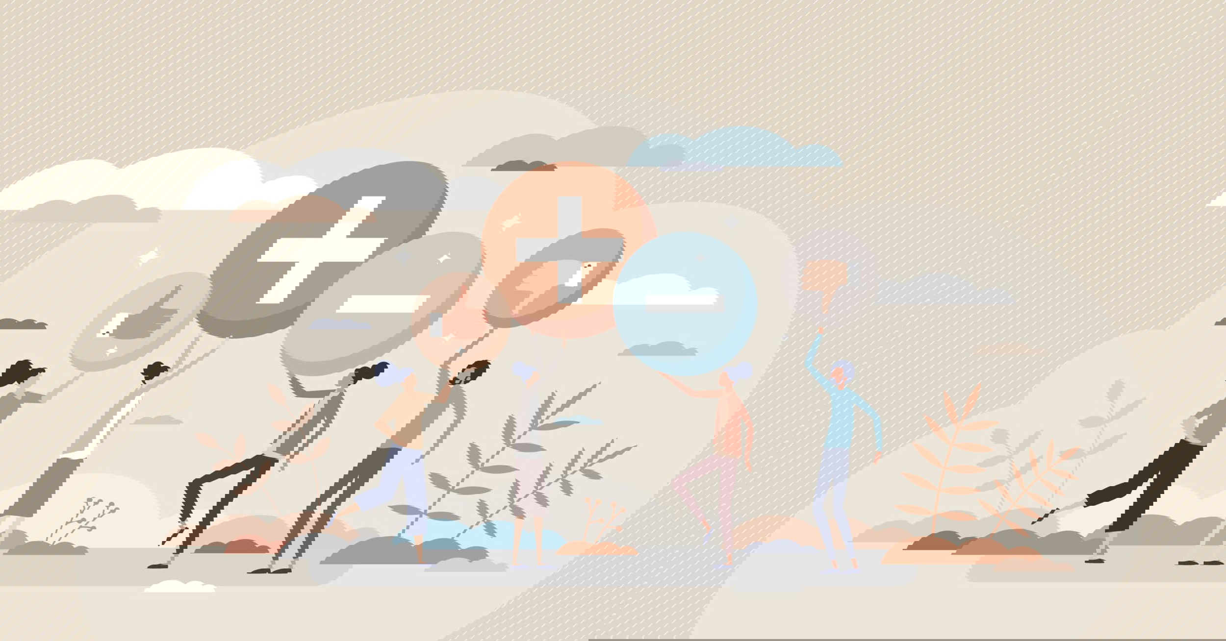 Four illustrated people, showcasing large symbols: thumbs up, plus, minus, and thumbs down—representing positive and negative feedback. They stand amidst stylized clouds and plants on a pastel-striped background, embodying the diverse spectrum of Fancy Hands alternatives.