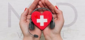 healthcare virtual assistant holding a hard with a headset around it in the hands