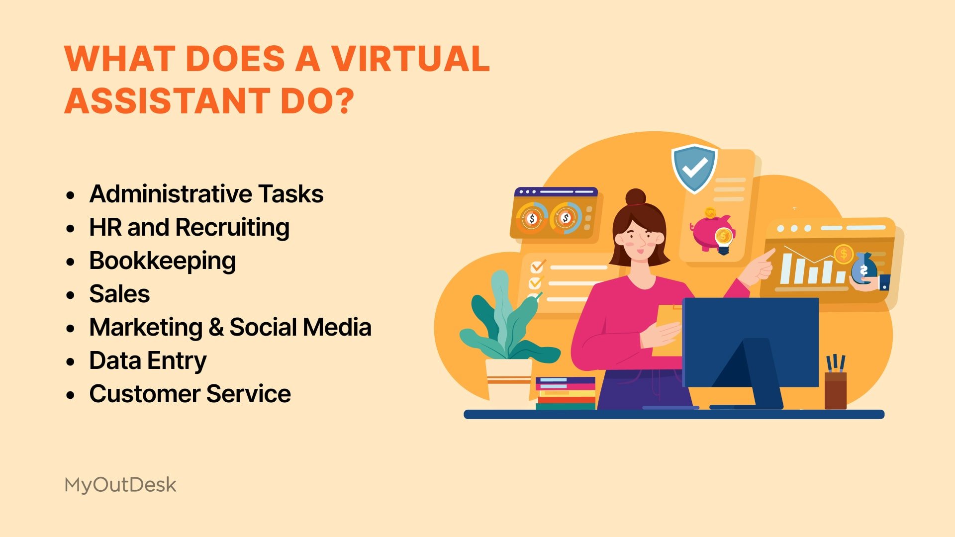 what-does-a-virtual-assistant-do-infographic What does a virtual assistant do? Administrative tasks, HR and recruiting, bookkeeping, sales, marketing and social media, data entry, customer service, and more!