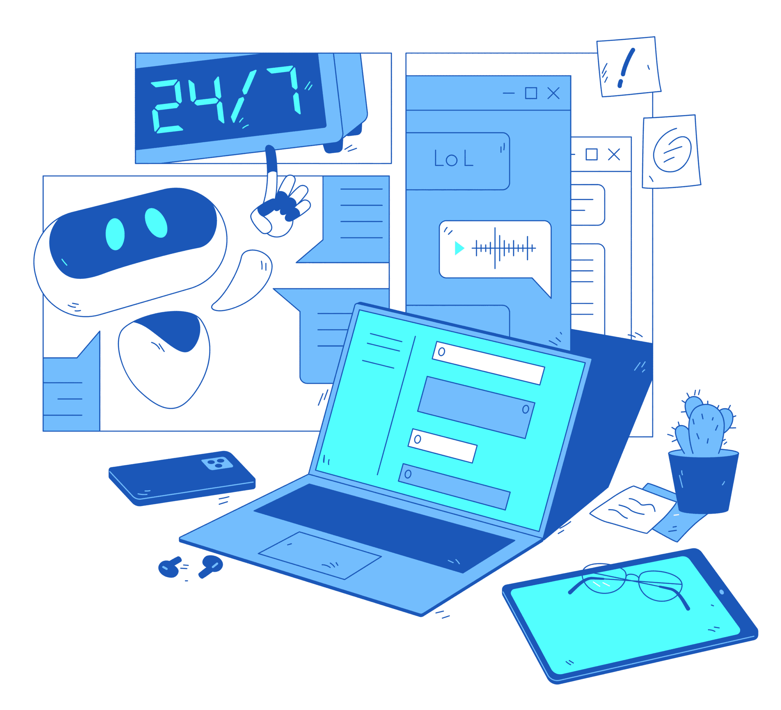 A cheerful robot points to a glowing 24/7 sign above several computer screens, highlighting AI in Customer Service. A laptop, smartphone, tablet, glasses, plant, and sticky notes sit on a cluttered desk.