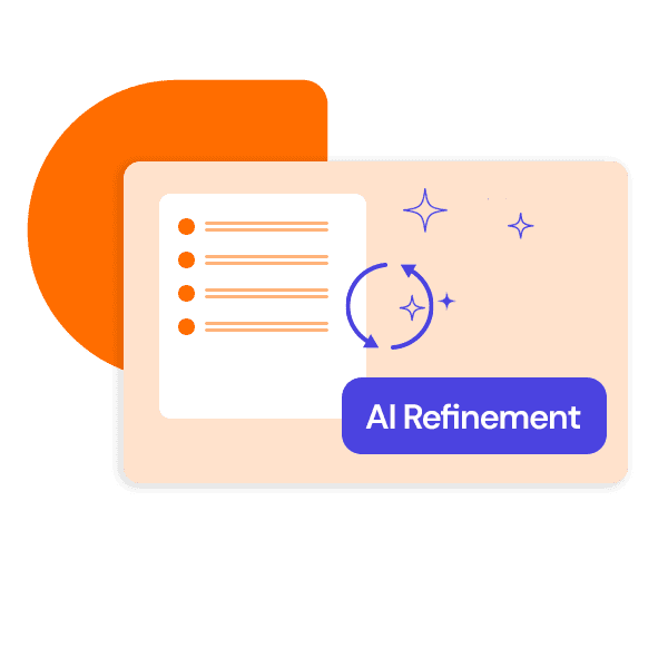 A graphic shows an orange square behind a beige card with a document icon, stars, circular arrows, and a blue button labeled AI Refinement, representing how customer service outsourcing companies enhance support quality.