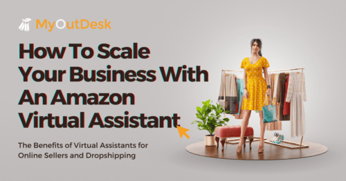 A woman in a yellow polka dot dress holds shopping bags beside a rack of clothes. Text reads: How to Scale Your Business with an Amazon Virtual Assistant - Discover What an Amazon Virtual Assistant Can Do For Your Business and the Benefits for Online Sellers and Dropshipping.