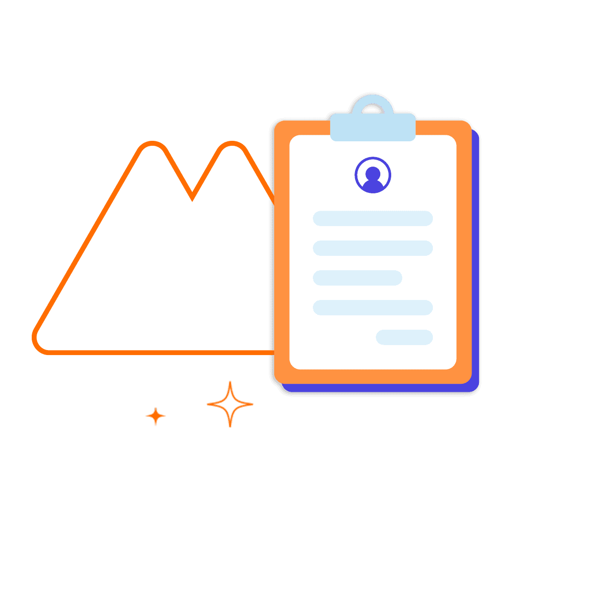 An illustration of a clipboard with a document featuring a profile icon and text, placed in front of a stylized mountain outline—ideal for promoting outsourced customer support services or highlighting Free Job Description Generator tools.