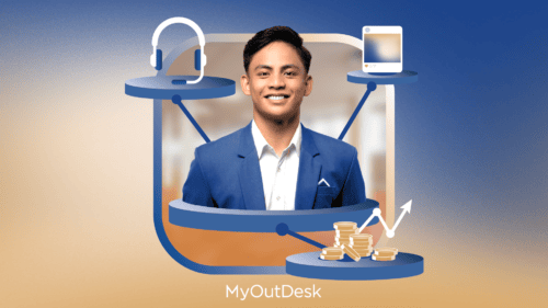 A person in a blue suit smiles within a digital network graphic. Surrounding icons include headphones, a smartphone, and stacked coins with an upward arrow, all illustrating the efficiency of Business Process Outsourcing. The scene is labeled MyOutDesk at the bottom.