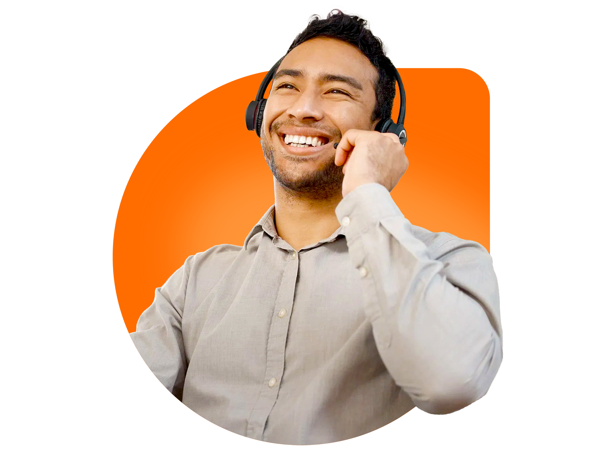Man smiling while wearing headset and adjusting microphone