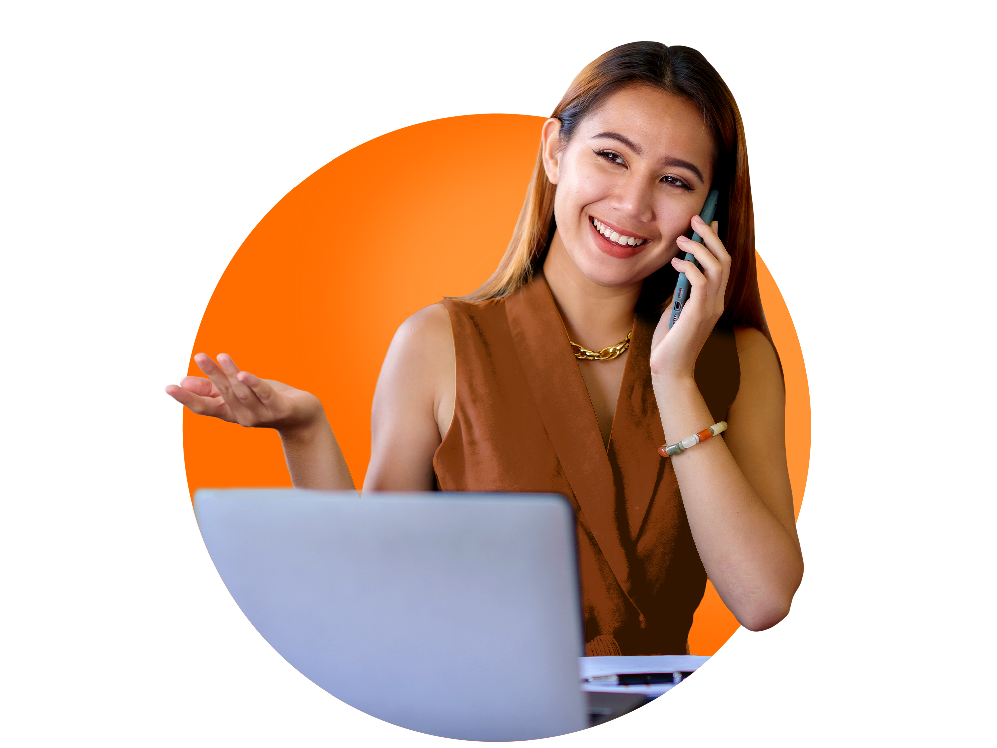 MyOutDesk Recruiting Assistant A young woman on the phone, in front of a laptop, smiling and gesturing.