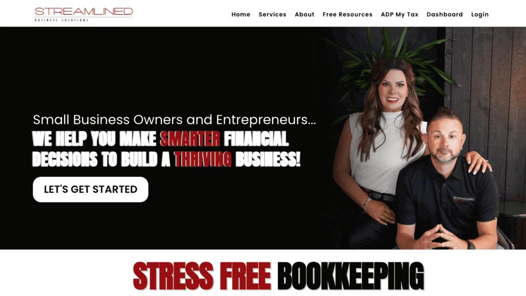 The homepage of a business website showcases a man and woman seated together. The text reads, Small Business Owners and Entrepreneurs... We connect you with the best accounting virtual assistants to make smarter financial decisions! A Lets Get Started button is prominently displayed.