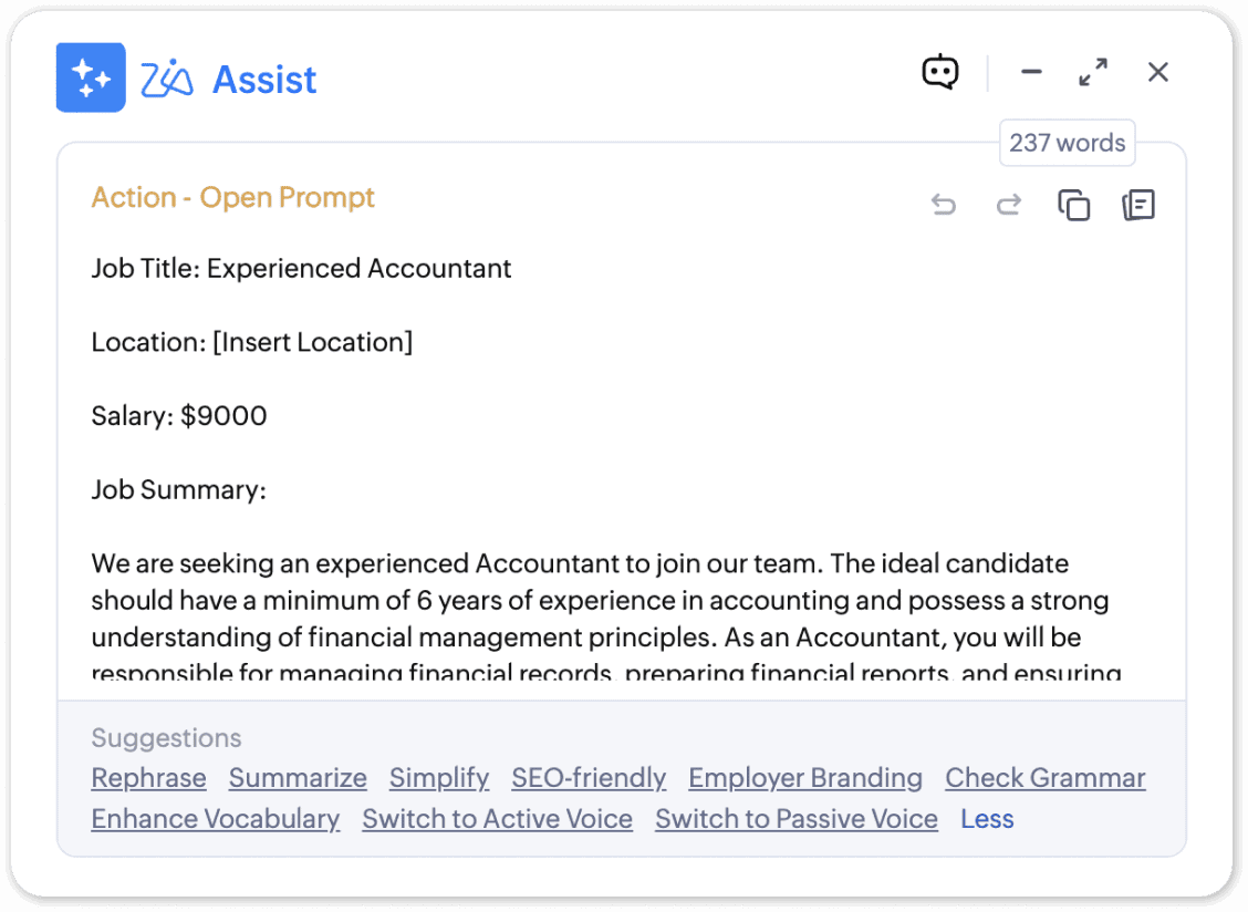 A digital screen displays a job description for an Experienced Accountant, including salary, responsibilities, and location fields, within an AI writing assistant tool used by healthcare virtual assistants. Suggestion options appear at the bottom.
